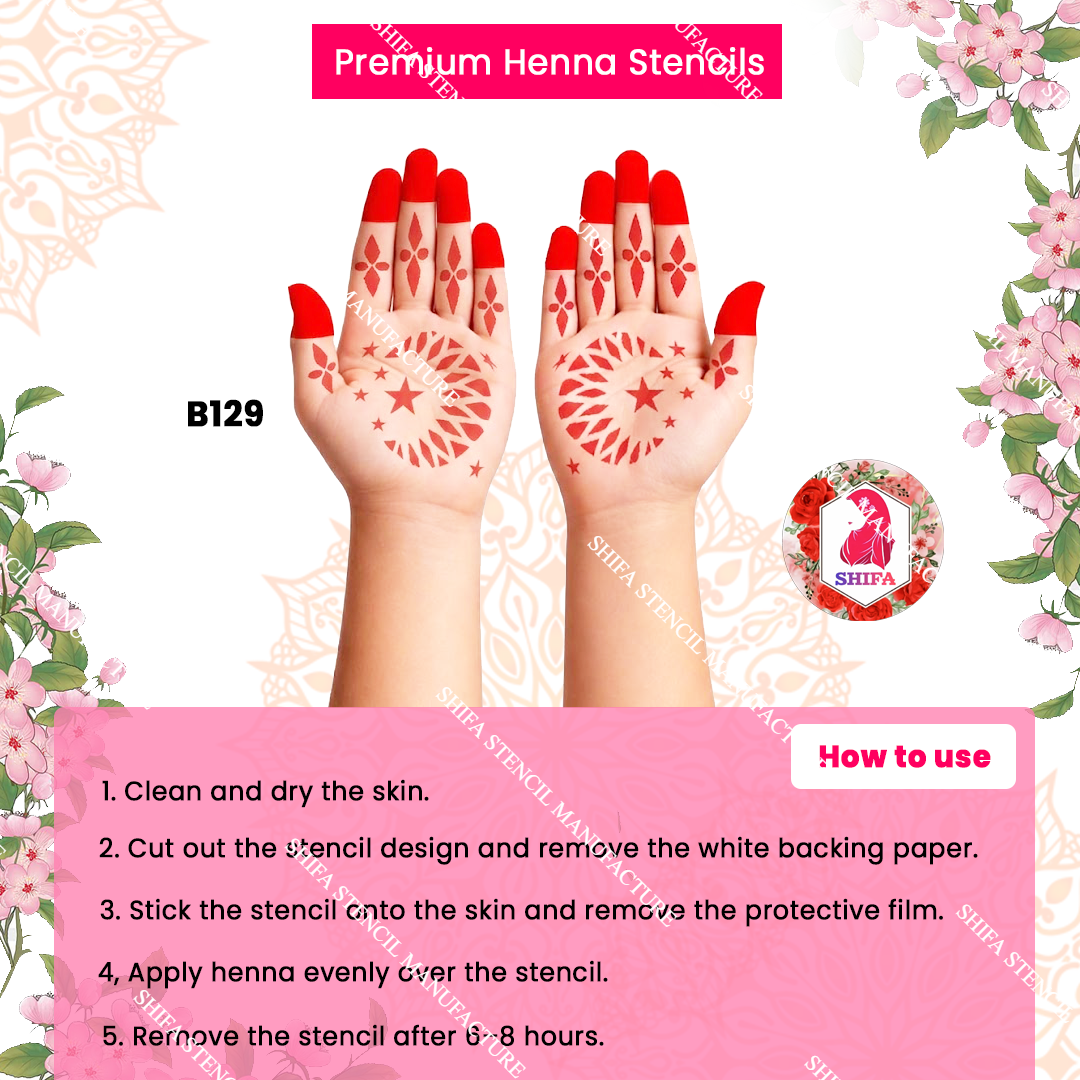 B129 (age 5 to 10) Radiant Starburst Crescent Double Hand Henna Stencil